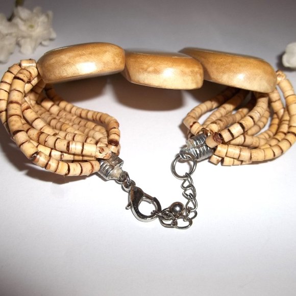 Chunky Wooden Bracelet Brown Tan Cream Wood Adjustable Statement Size Jewlery B7 - Picture 4 of 5